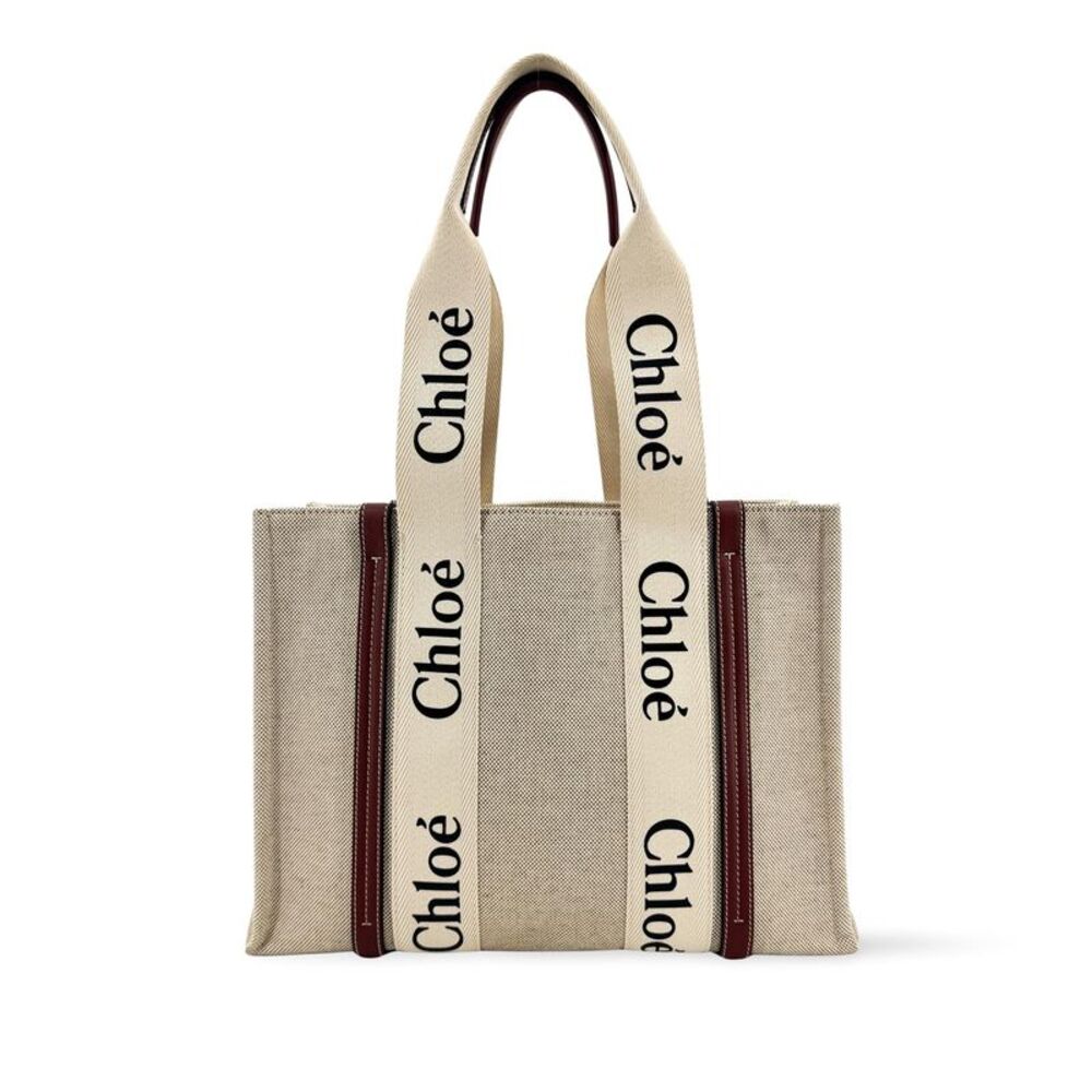 Chloé Woody Medium Tote Bag Beige Burgundy